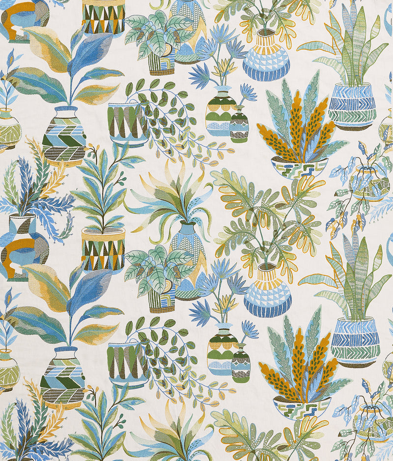 Dallimore Tudeley Blue/Green/Ochre fabric by Nina Campbell